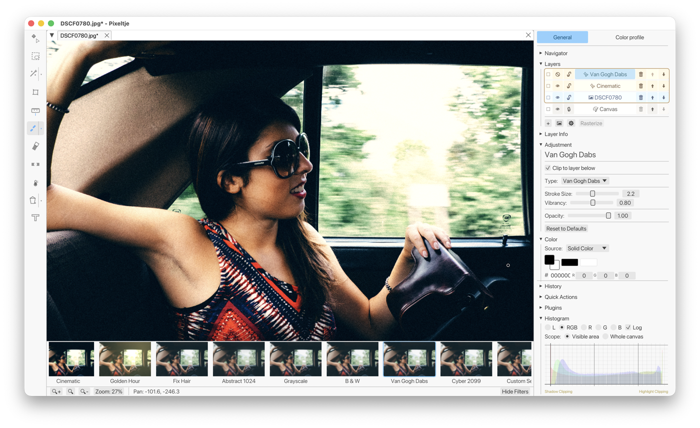 Pixeltje applying creative filters to a portrait photographed inside a car, with layers and filter thumbnails visible.