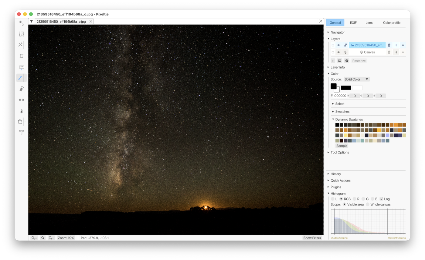 Pixeltje editing a night-sky photograph with layers, color tools, swatches, and histogram visible.